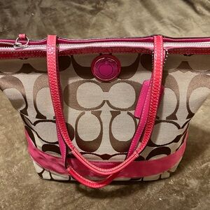 Coach Signature Stripe Tote – Brown/Pink – Large Shoulder Bag